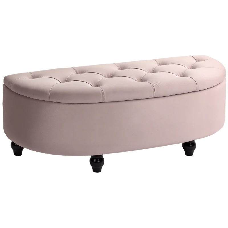 HOMCOM Semi-Circle Ottoman Storage Bench, Bed End Bench, Tufted Upholstered Window Seat Footrest Stool with Rubberwood Legs for Bedroom & Entryway, 120 x 46 x 42 cm, Pink