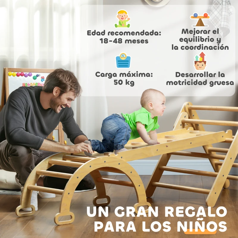AIYAPLAY 5 en 1 Triángulo de Escalada de Madera Plegable con Rampa Escalador de Arco para Niños 178x64,5x63 cm Madera Natural