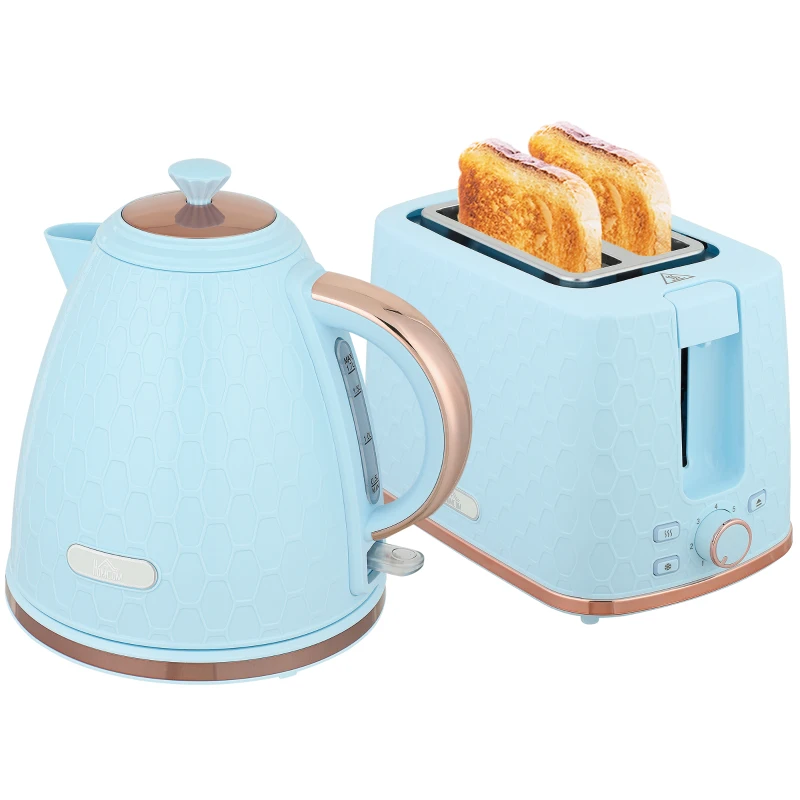 HOMCOM 1.7L 3000W Fast Boil Kettle & 2 Slice Toaster Set, Kettle and Toaster Set with Auto Shut Off, Browning Controls, Light Blue