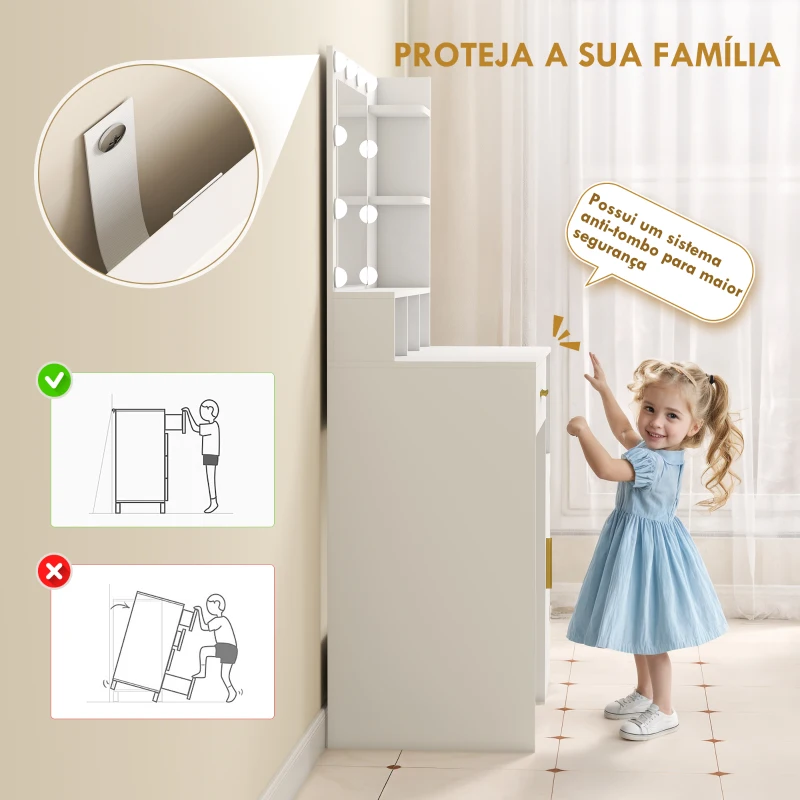 HOMCOM Toucador de Maquilhagem com Luzes LED Banco Espelho 3 Cores 10 Lâmpadas Gaveta Prateleiras e Compartimentos Branco