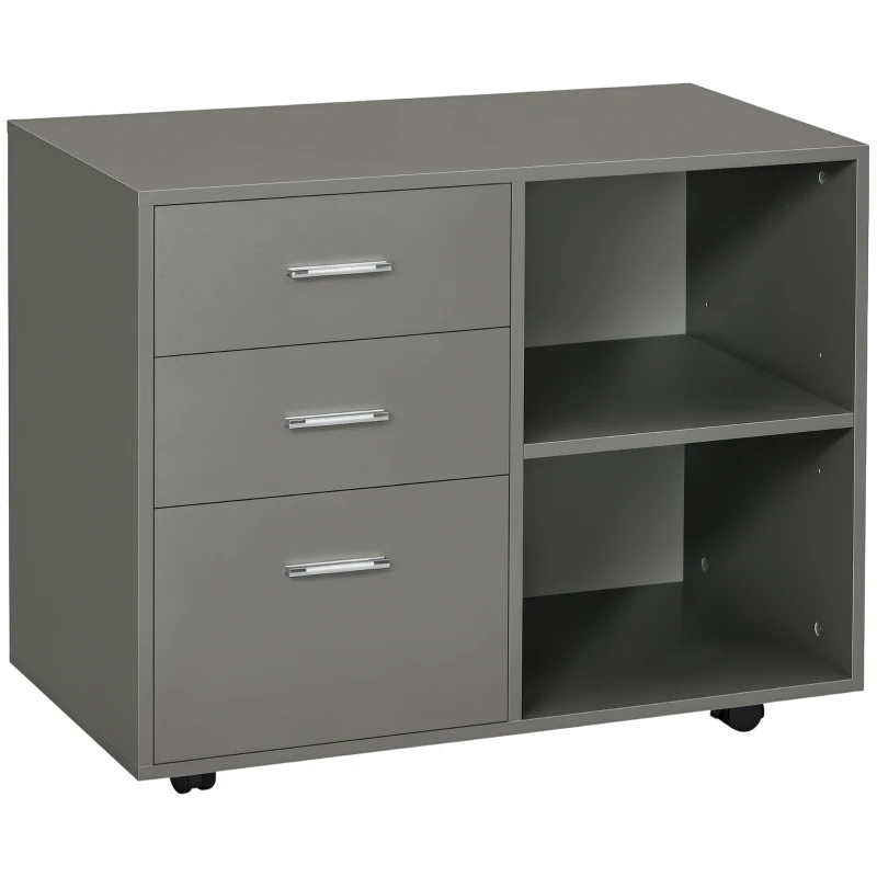 HOMCOM Freestanding Printer Stand Unit Office Desk Side Mobile Storage w/ Wheels 3 Drawers, 2 Open Shelves Modern Style 80L x 40W x 65H cm - Grey