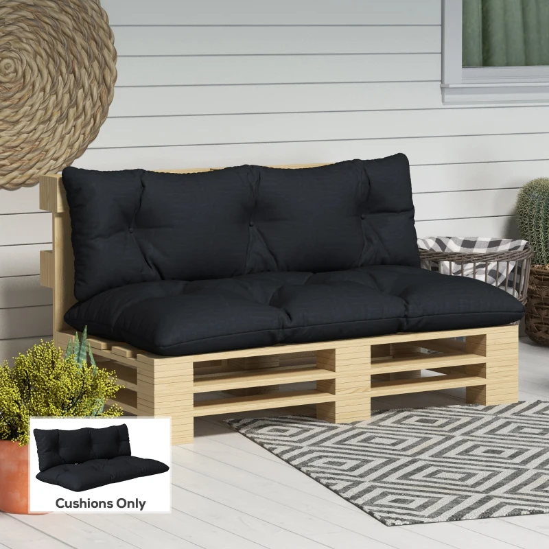 Outsunny Set de 2 Perne pentru Sezut si Spatar pentru Exterior pentru Paleti, Perne de Sezut Hidrofobe, Negru