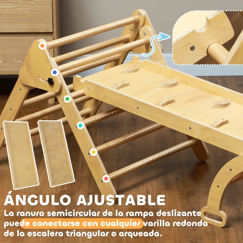 AIYAPLAY 5 en 1 Triángulo de Escalada de Madera Plegable con Rampa Escalador de Arco para Niños 178x64,5x63 cm Madera Natural