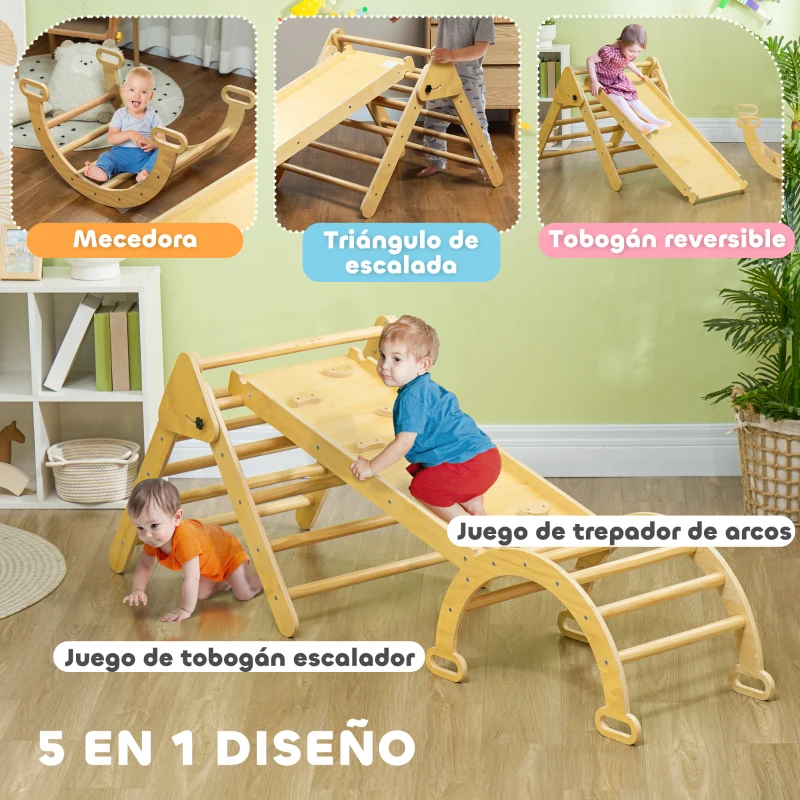 AIYAPLAY 5 en 1 Triángulo de Escalada de Madera Plegable con Rampa Escalador de Arco para Niños 178x64,5x63 cm Madera Natural