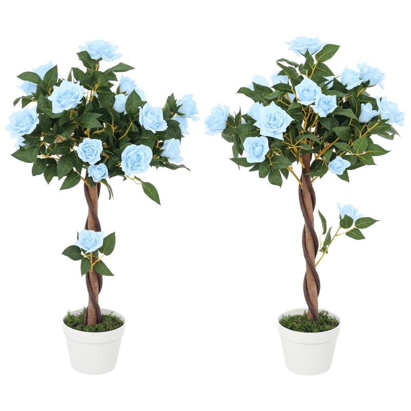 Outsunny Set of 2 Artificial Plants White Rose Floral in Pot, Fake Plants for Home Indoor Decor, 90cm, Light Blue