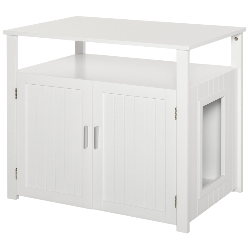 PawHut Hidden Cat Litter Box Enclosure – Furniture Cabinet With Barn Door, Doubles As Side Table, White