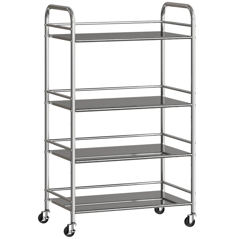HOMCOM Carrito Auxiliar con Ruedas de Acero Inoxidable Carro de Servicio de 4 Niveles con Estante Ajustable 60x35x100 cm Plata