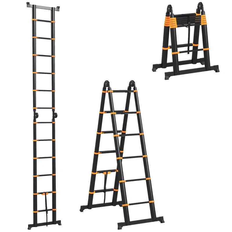 HOMCOM 3.8m Duo Aluminium Ladder w/ Tool Holder - Yellow