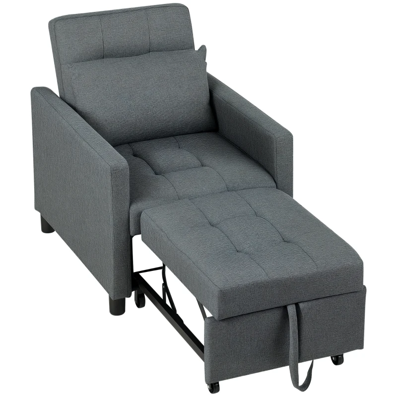 HOMCOM 3-In-1 Chair Bed, Convertible Sleeper Chair with Adjustable Backrest, Pillow and Footrest for Living Room, Dark Grey