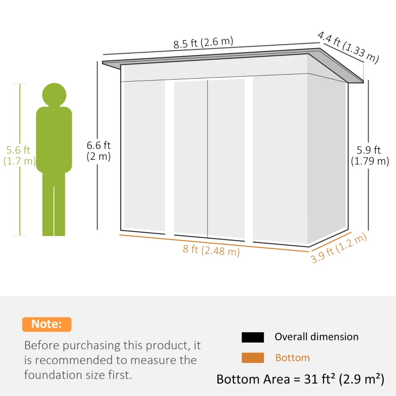 Outsunny 8.5 x 4ft Metal Shed with Lightsky Panels, Garden Storage Tool House with Double Doors for Garden, Patio and Lawn, Green