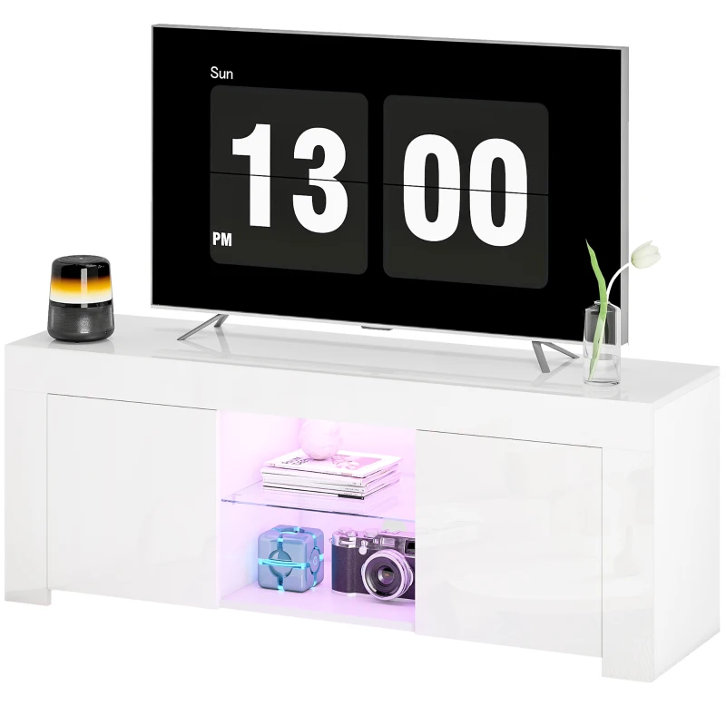 HOMCOM Mueble de TV con iluminación LED, 2 puertas de armario, estante de cristal, agujeros para cables, para sala de estar, aglomerado, Blanco