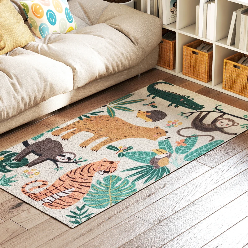 HOMCOM Alfombra de Felpa con Estampado de Jungla, fácil de cuidar, Crema + Multicolor