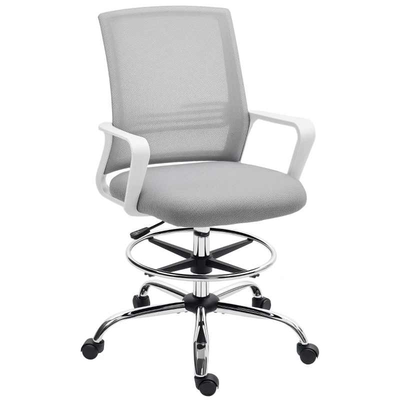 HOMCOM Draughtsman Chair, Mesh Drafting Chair, Ergonomic Office Chair with Lumbar Support, Adjustable Foot Ring, Grey