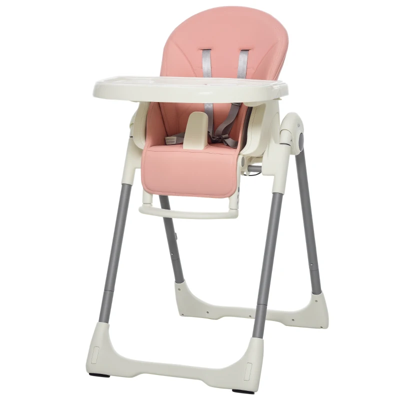 HOMCOM Foldable Baby High Chair Convertible Feeding Chair Height Adjustable with Adjustable Backrest Footrest and Removable Tray 5 Point Safety Harness for Kids 6 - 36 Months Pink