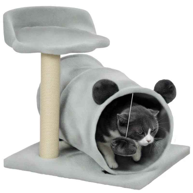 PawHut 47cm Small Cat Tree w/ Scratching Post, Bed, Cat Tunnel, Toy Ball, Grey