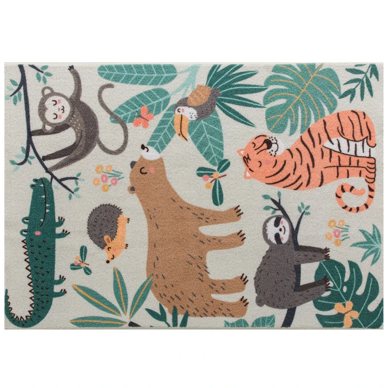 HOMCOM Alfombra de Fleece con Diseño de Jungla, Fácil de Limpiar, Crema+Bunte