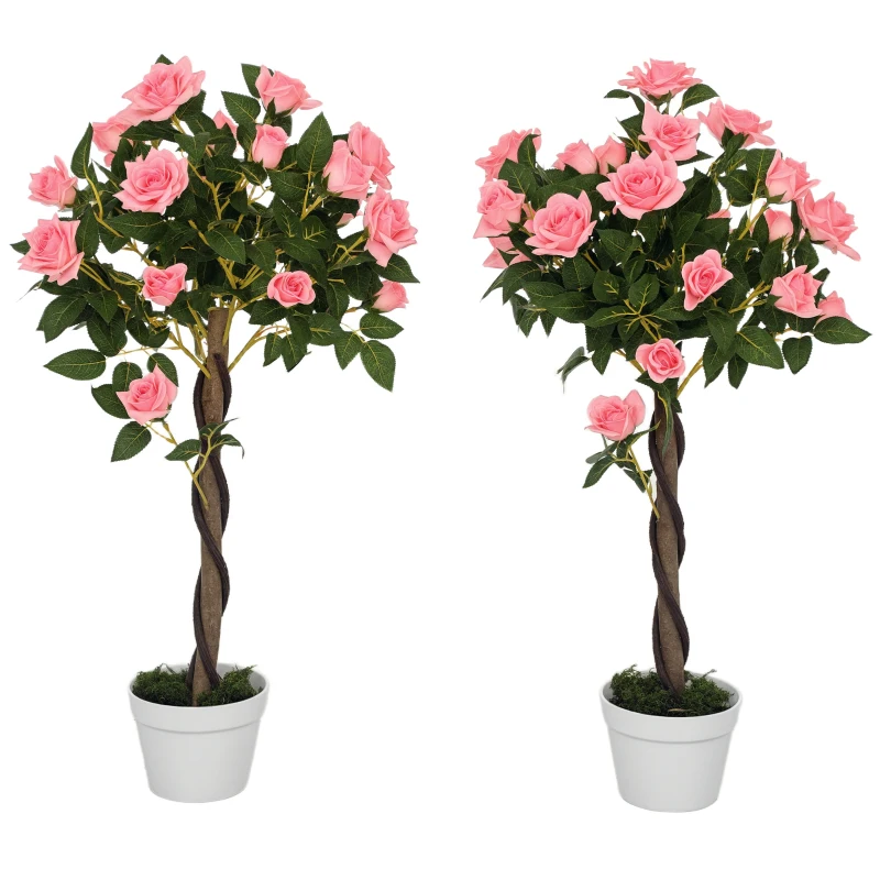 Outsunny Set of 2 Artificial Plants Pink Rose Floral in Pot, Fake Plants for Home Indoor Decor, 90cm