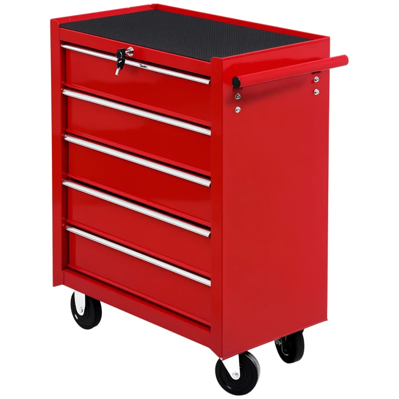 HOMCOM 5 Drawer Tool Box on Wheels, Lockable Steel Tool Cabinet with Side Handle, Red