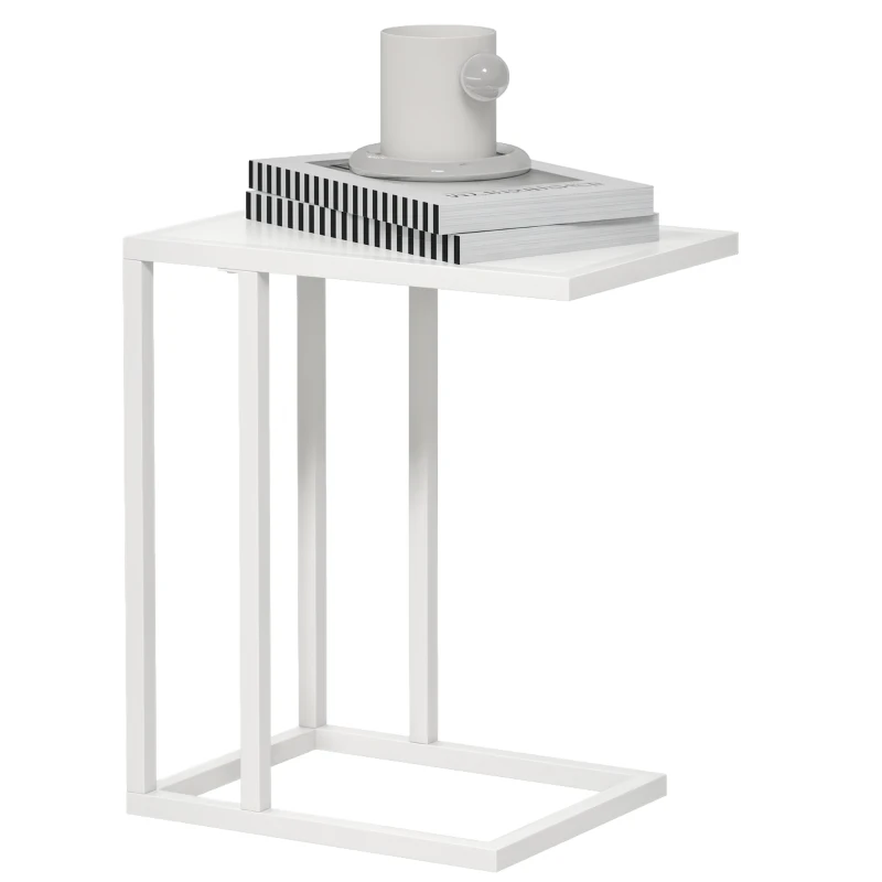 HOMCOM C Shape Bedside Table w/Metal Frame Wood-Effect Top Sofa Narrow Snack End Table for Living Room, White