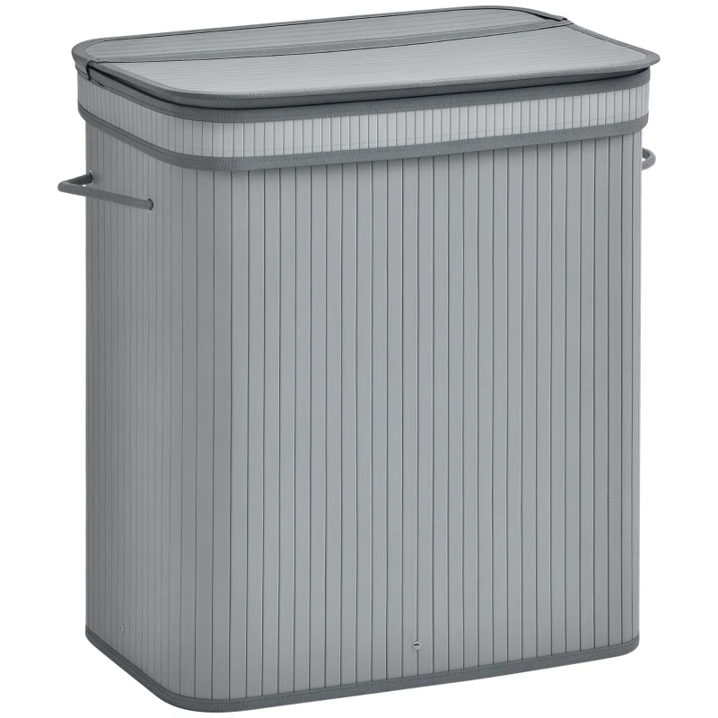 HOMCOM 100L Natural Wood Laundry Basket A Compartment w/Flip Lid Removable Lining Handles Board Base Foldable Durable Water-Resistant Dirty Clothes Storage Home Organisation Grey