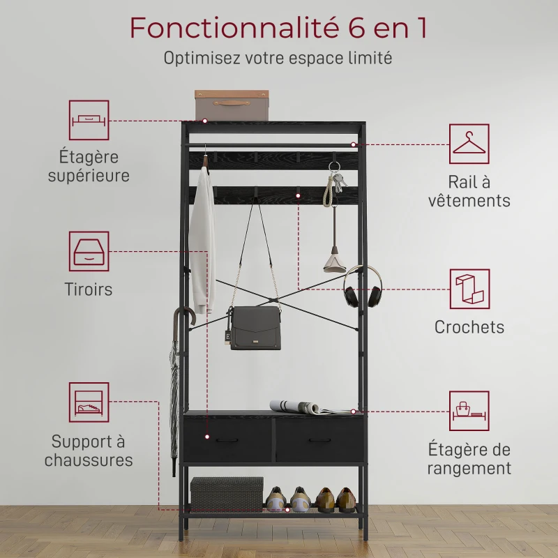 HOMCOM Portant à vêtements industriel avec 2 tiroirs en tissu, étagère, 8 crochets et cadre en acier, 80 x 30 x 180,5 cm, noir