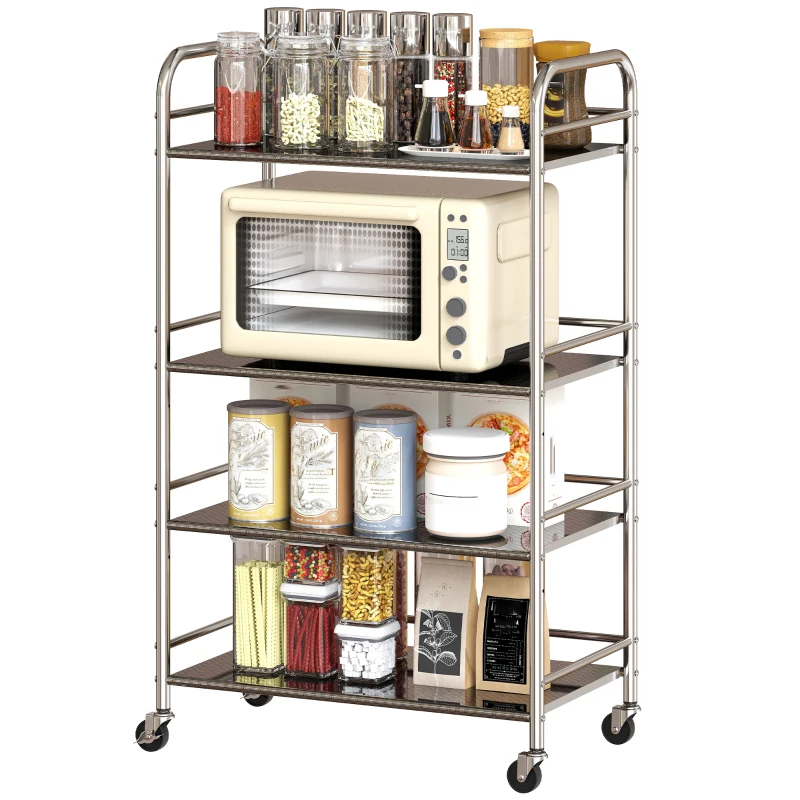 HOMCOM Desserte cuisine, chariot de service à 4 niveaux en acier inoxydable 201 avec poignées, roues, 60 x 35 x 100 cm, argenté