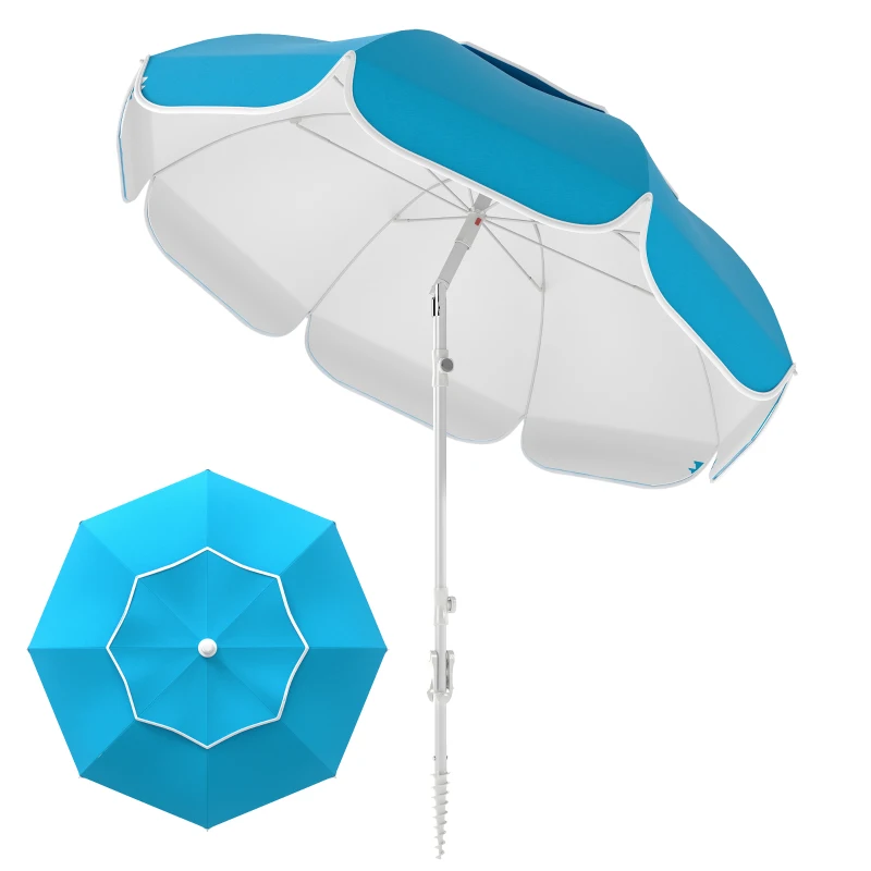 Outsunny Beach Umbrella Portable with Sand Anchor, Carry Bag, Adjustable Height & Tilt, UPF50+ UV Protection, Blue