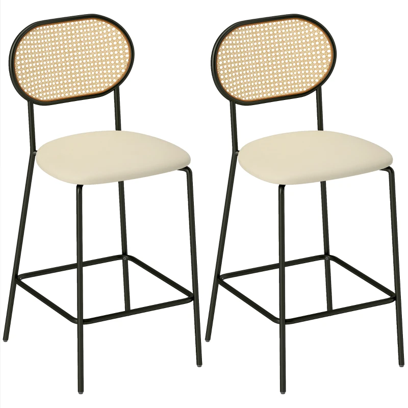 HOMCOM Juego de 2 Altos de Cocina con Respaldo de Ratán Asiento de PU Marco de Acero y Reposapiés Beige