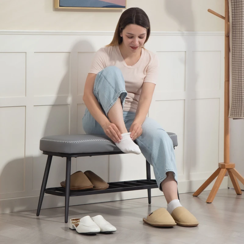 HOMCOM PU Leather Shoe Storage Bench - Grey