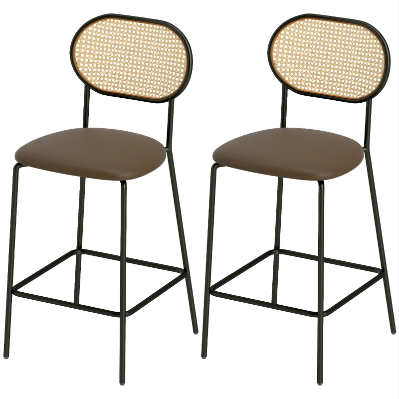 HOMCOM Lot de 2 Hauts de Cuisine avec Dossier en Rotin Assise en PU Structure en Acier et Repose-pieds Marron
