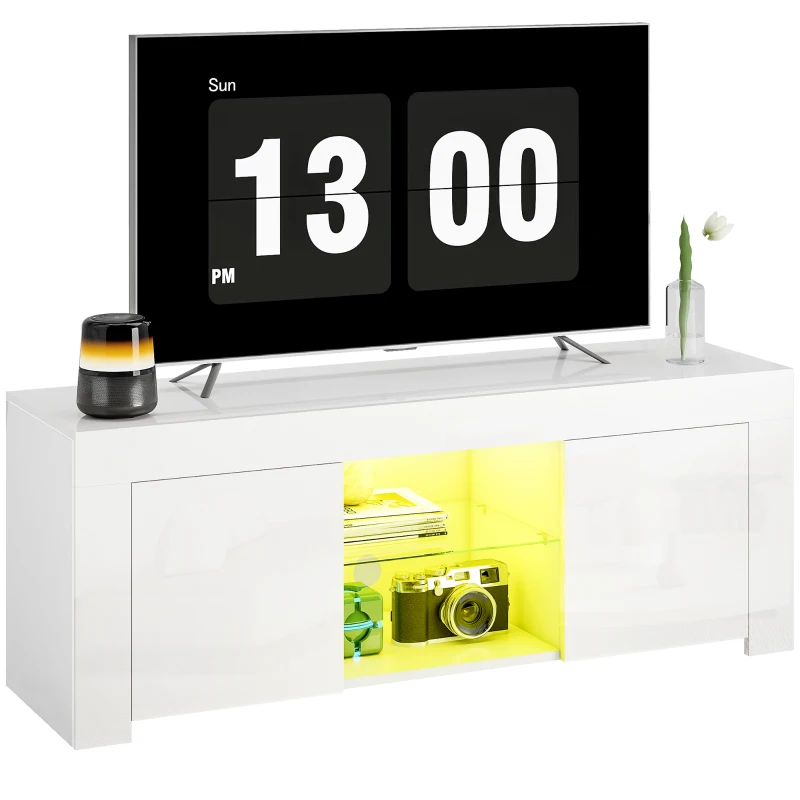 HOMCOM Mobile TV con Illuminazione LED, 2 Porte Armadio, Ripiano in Vetro, Passacavi, per Soggiorno, Truciolato, Bianco