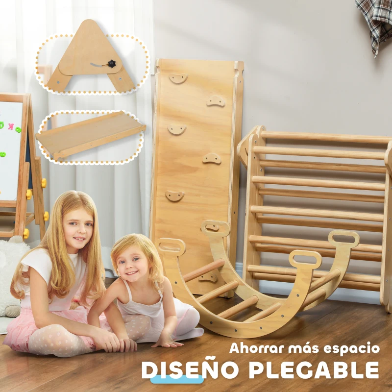AIYAPLAY 5 en 1 Triángulo de Escalada de Madera Plegable con Rampa Escalador de Arco para Niños 178x64,5x63 cm Madera Natural