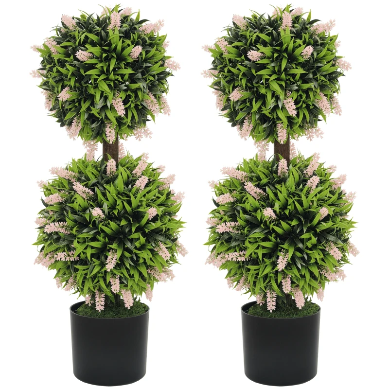HOMCOM Set of 2 Decorative Artificial Plants Ball Trees with Lavender Flowers in Pot Fake Plants for Home Indoor Outdoor Decor, 70cm, Pink
