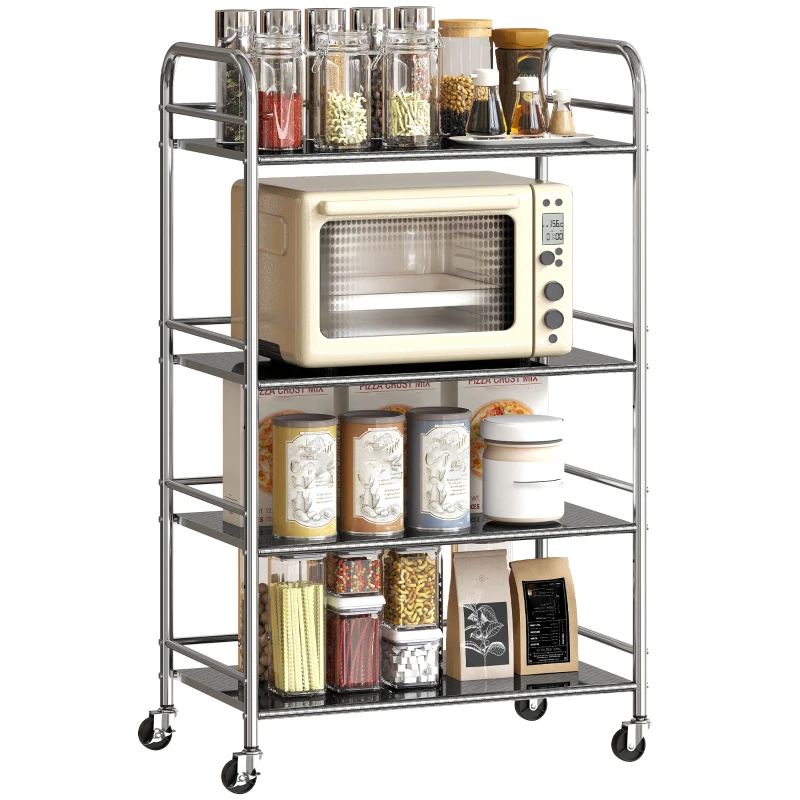 HOMCOM Carrello Multiuso a 4 Livelli con 2 Ripiani Regolabili e Bordi Rialzati, in Acciaio Inox, 60x35x100 cm