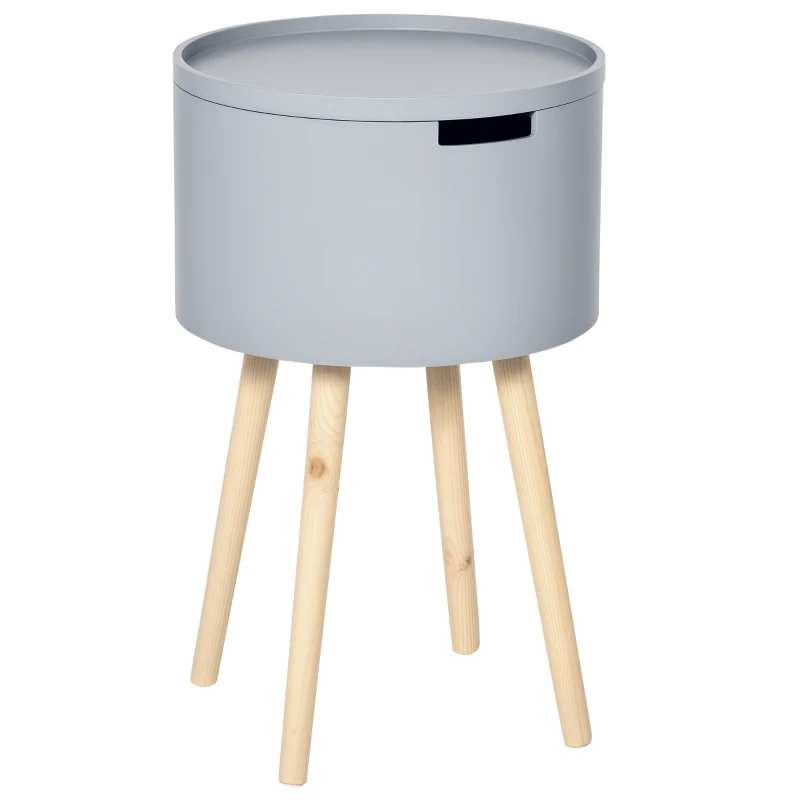 HOMCOM Modern Side Table with Hidden Storage Space, Round Night Stand with Removable Tray Wood Frame End Coffee Table for Living Room, Grey