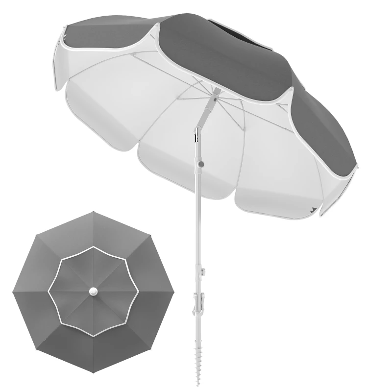 Outsunny Beach Umbrella Portable with Sand Anchor, Carry Bag, Adjustable Height & Tilt, UPF50+ UV Protection, Grey