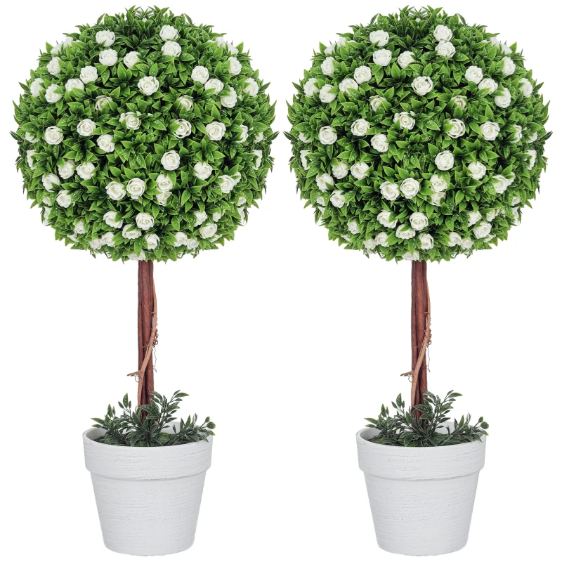 HOMCOM Set of 2 Decorative Artificial Plants, Ball Topiary Tree with Rose Flower in Pot, Fake Plants for Home Indoor Outdoor Decor, 60cm, White