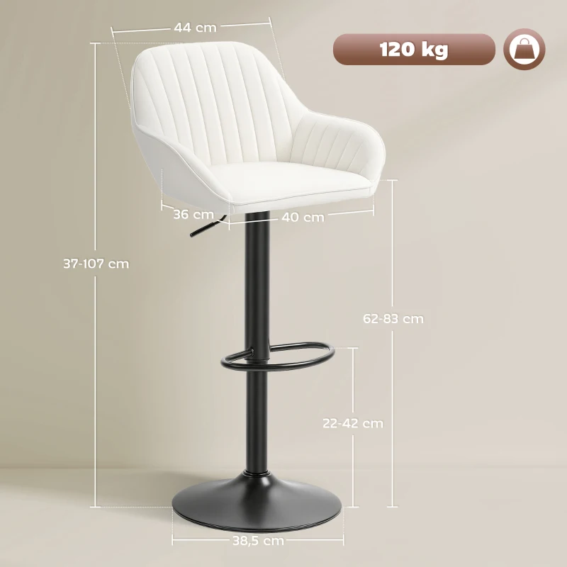 HOMCOM Set von 2 Drehbaren Barhockern Höhenverstellbar 87-107 cm Samt Rückenlehne und Fußstütze Cremeweiß