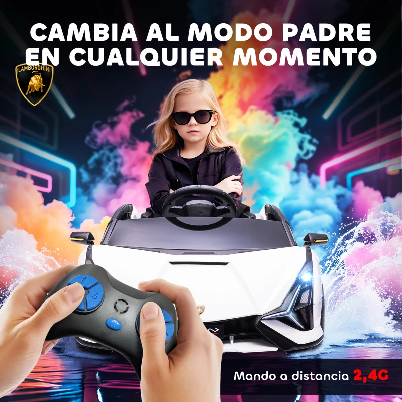 HOMCOM Coche Eléctrico Lamborghini SIAN 12V para Niños de +3 Años con Mando a Distancia Música MP3 USB 108x62x40 cm Blanco
