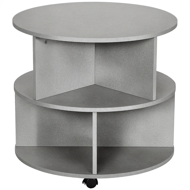HOMCOM Round Coffee Table with Wheels, 3-Tier Rolling Side Table for Living Room with Divided Shelves, Cement Colour