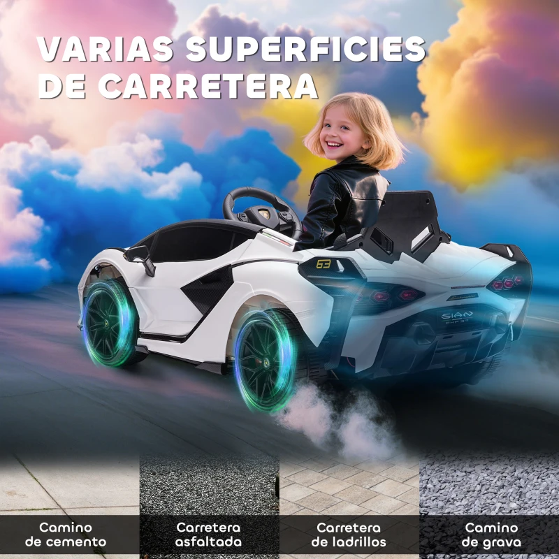 HOMCOM Coche Eléctrico Lamborghini SIAN 12V para Niños de +3 Años con Mando a Distancia Música MP3 USB 108x62x40 cm Blanco