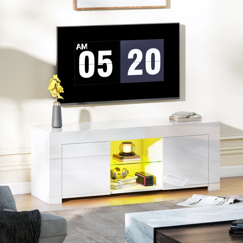 HOMCOM Mueble de TV con iluminación LED, 2 puertas de armario, estante de cristal, agujeros para cables, para sala de estar, aglomerado, Blanco