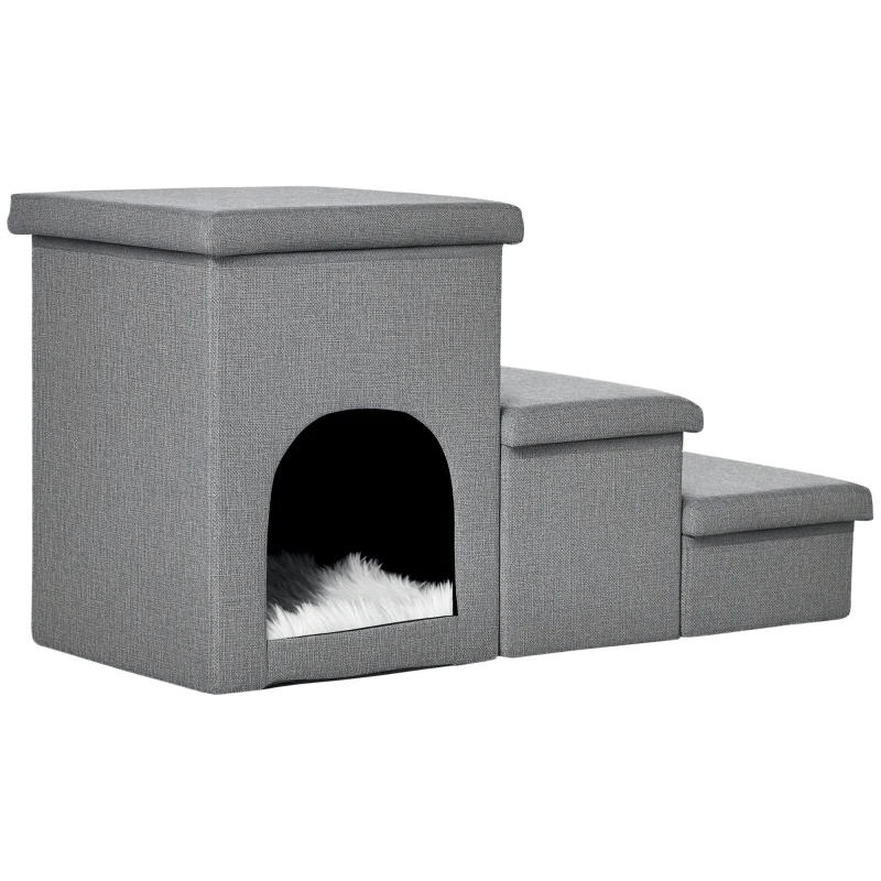 PawHut Dog Steps 3-step Pet Stairs with Kitten House and 2 Storage Boxes, 3 in 1 Dog Ramp for Sofa with Washable Plush Cushion