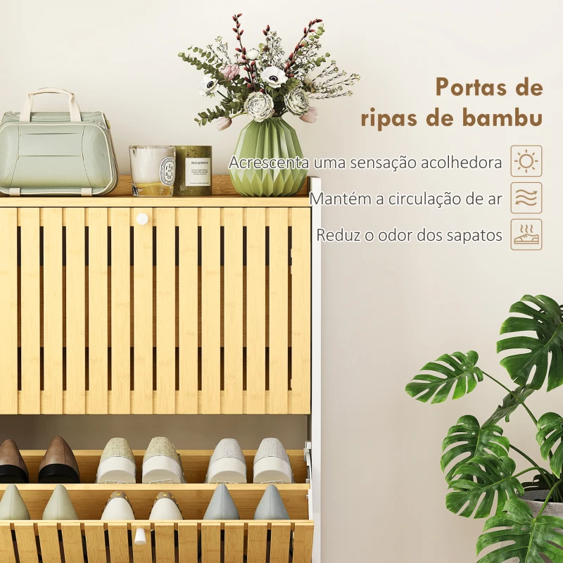 HOMCOM Sapateira Estreita com 2 Portas de Bambu Prateleiras Ajustáveis para 12 Pares de Sapatos  60x24x82,5 cm Branco e Madeira