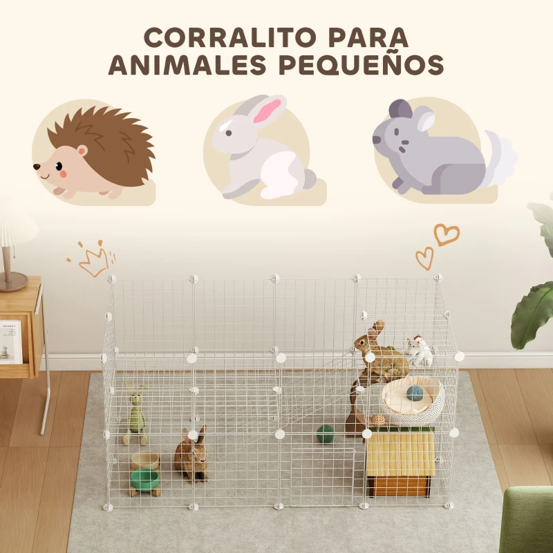 PawHut Jaula para Animales Pequeños Valla Metálica Modular para Mascotas con Puerta Rampa y Paneles de ABS 146x73x73 cm Blanco