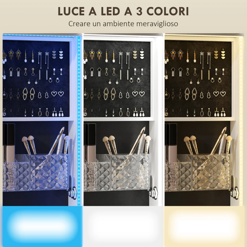 HOMCOM Armadio Portagioie con Specchiera Girevole a 360°, Luce LED Regolabile, Serratura e Ripiani, 37x40x165.5 cm, Nero