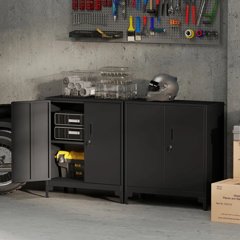 HOMCOM Büroschrank aus Metall, verschließbare Türen, Bürokommode, 2-stufiges Design, Schwarz(m-7)