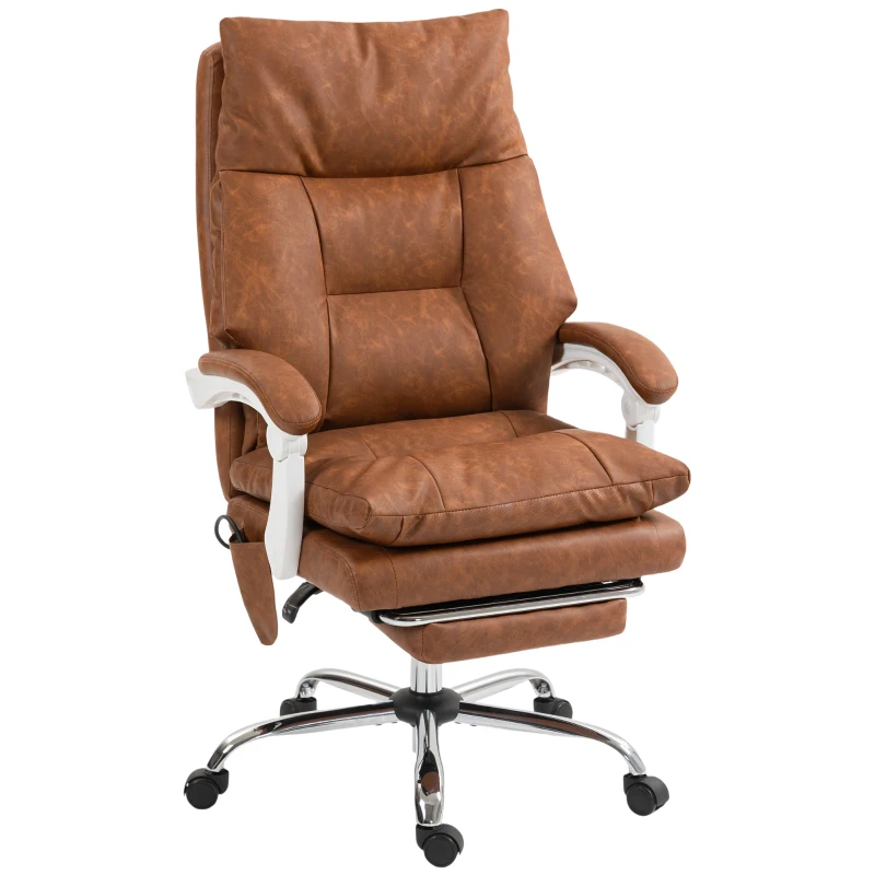 HOMCOM Silla de Escritorio con Soporte Lumbar Inflable Tapizada en PU Reposapiés Respaldo Reclinable Altura Ajustable Marrón