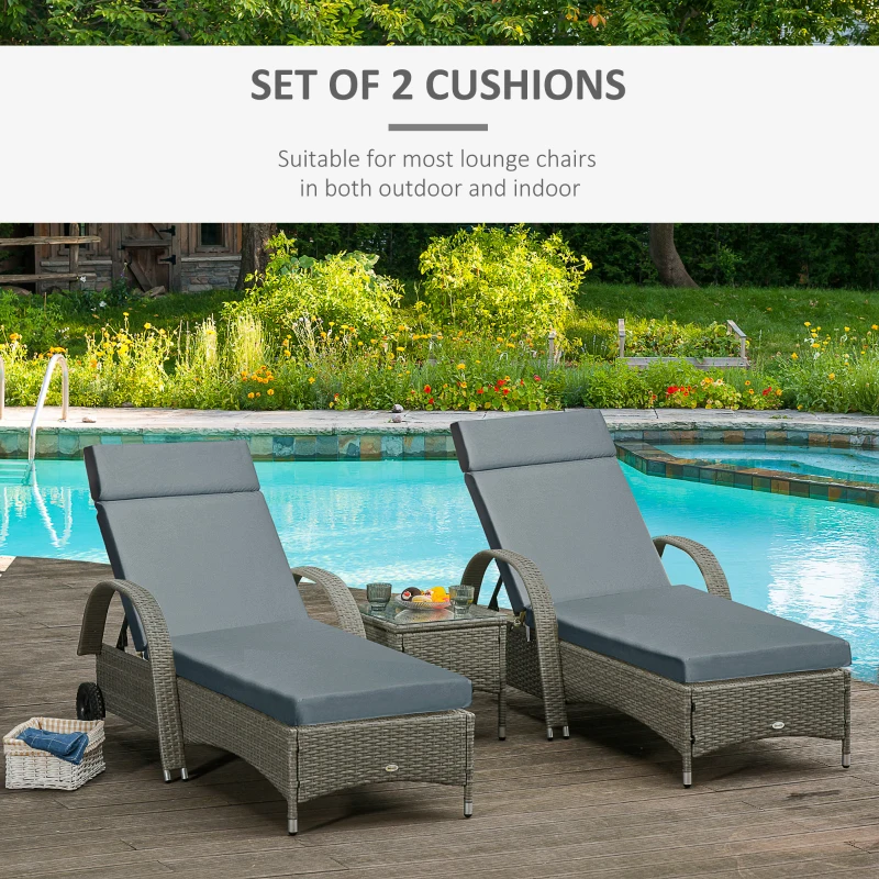 Outsunny Set of 2 Sun Lounger Cushions - Replacement Cushions for Rattan Furniture with Ties, 196 x 55 cm, Cushion ONLY, Dark Grey