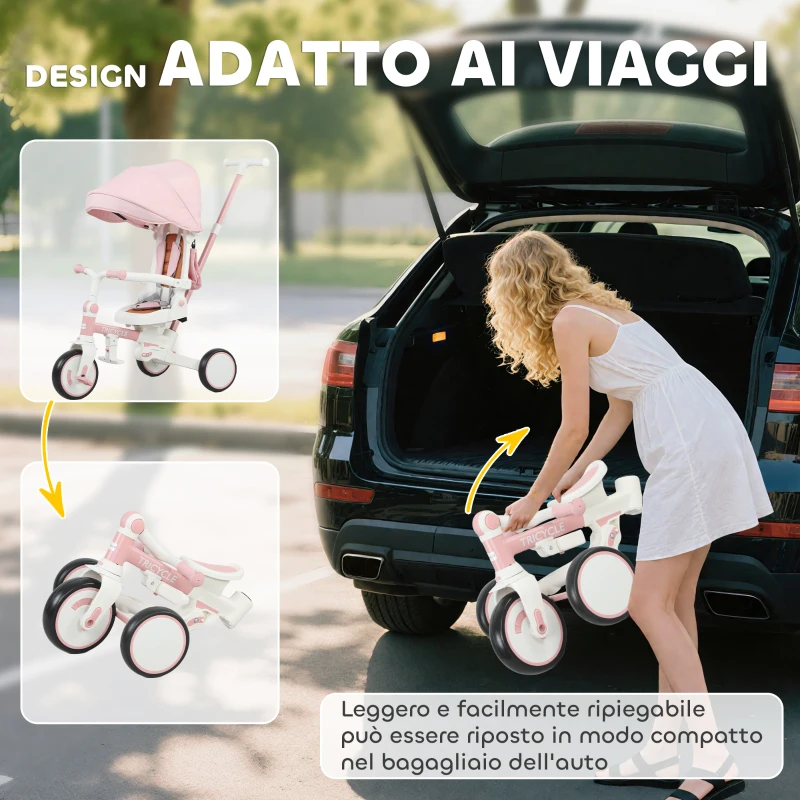 AIYAPLAY Triciclo per Bambini 5 in 1 con Maniglione di Spinta e Copertura Rimovibile, 96.5x49x101 cm, Rosa